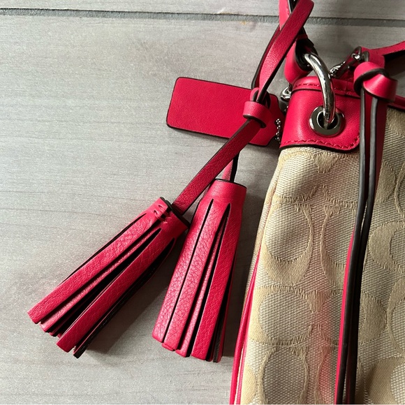 NWT 100% Authentic Coach Khaki Pink Scarlet Double Strap Handbag - Picture 3 of 7